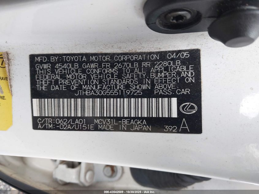 2005 Lexus Es 330 VIN: JTHBA30G555119725 Lot: 43542589