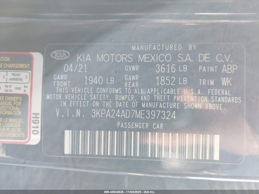 2021 KIA RIO S 3KPA24AD7ME397324