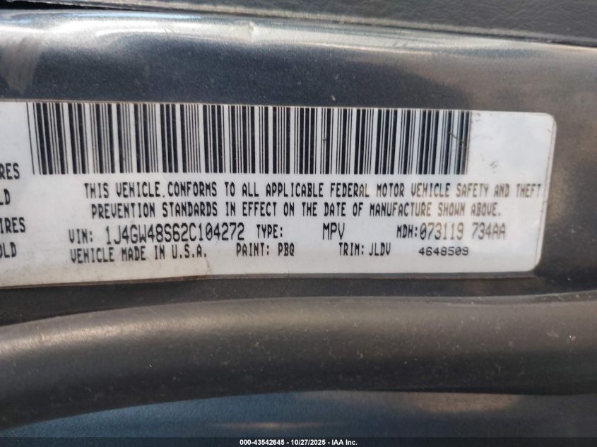 2002 Jeep Grand Cherokee Laredo VIN: 1J4GW48S62C104272 Lot: 43542645