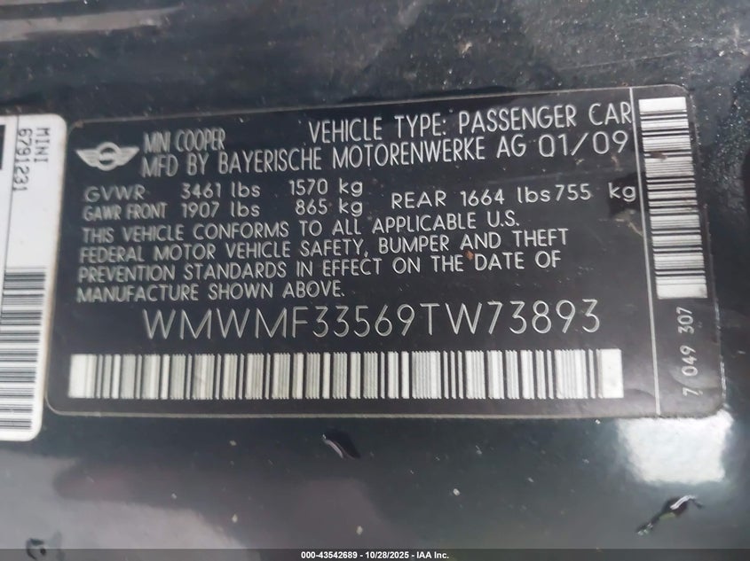 2009 Mini Cooper VIN: WMWMF33569TW73893 Lot: 43542689