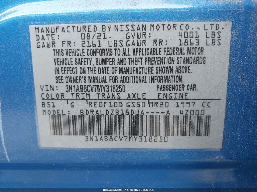 2021 Nissan Sentra Sv Xtronic Cvt VIN: 3N1AB8CV7MY318250 Lot: 43542698