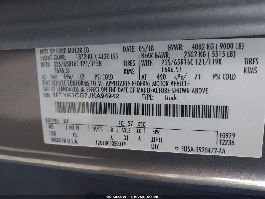 2018 Ford Transit-250 VIN: 1FTYR1CG7JKA94942 Lot: 43542703