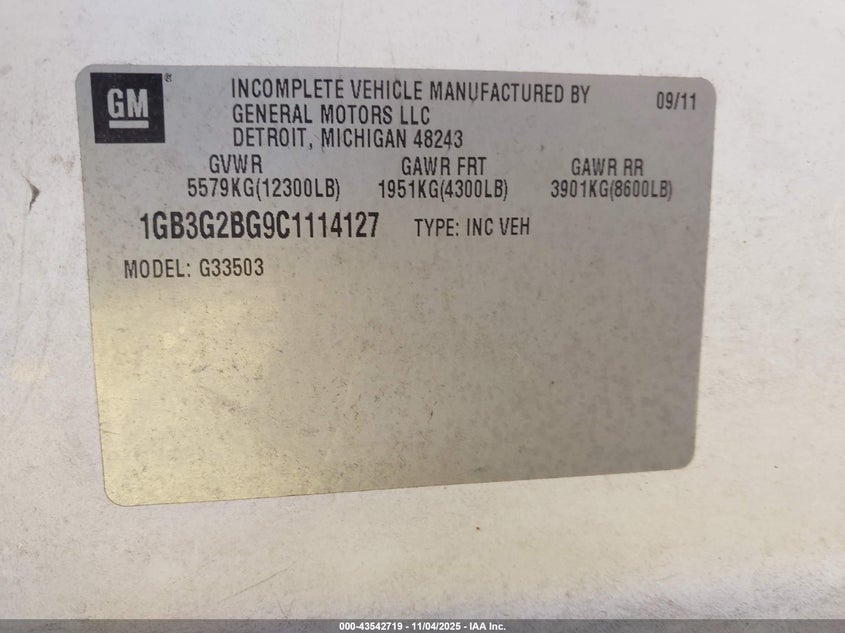 2012 Chevrolet Express Cutaway Work Van VIN: 1GB3G2BG9C1114127 Lot: 43542719