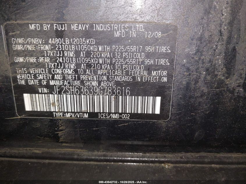 2009 Subaru Forester 2.5X VIN: JF2SH63639G783616 Lot: 43542732