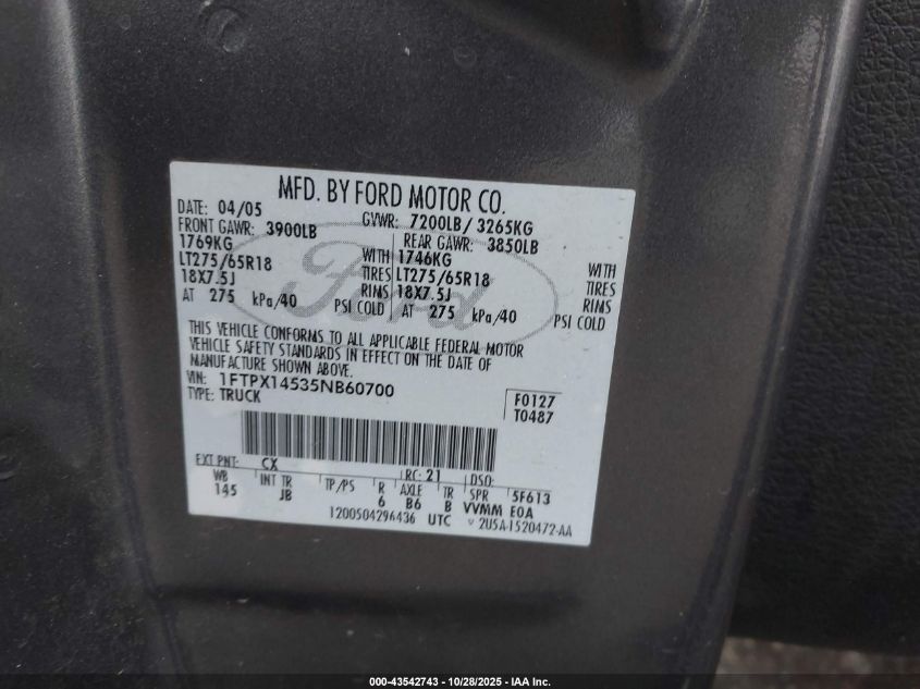 2005 Ford F-150 Fx4/Lariat/Xl/Xlt VIN: 1FTPX14535NB60700 Lot: 43542743