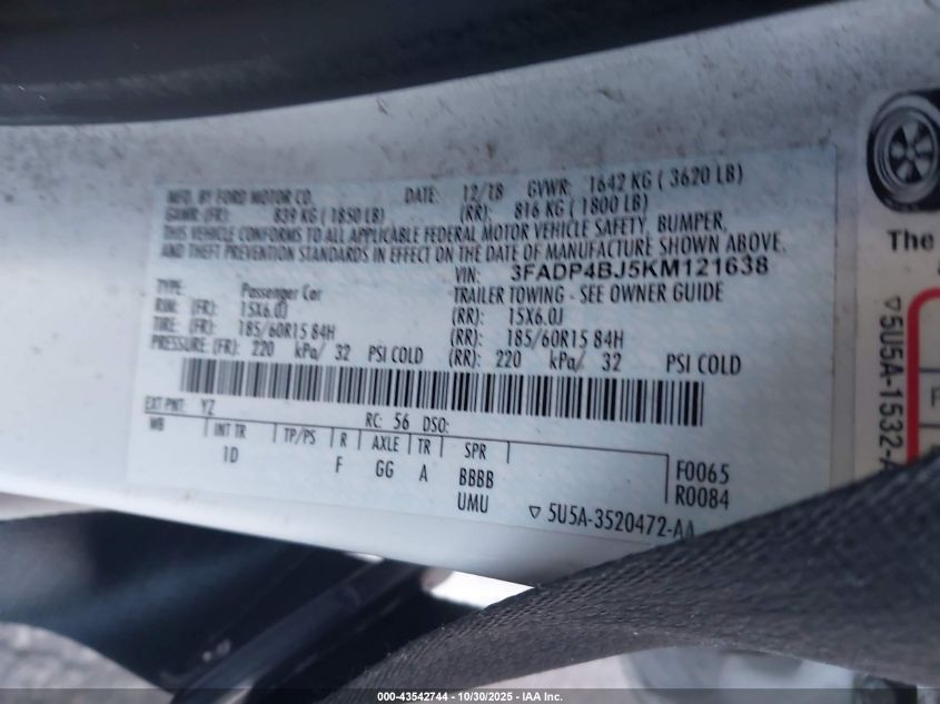 2019 Ford Fiesta Se VIN: 3FADP4BJ5KM121638 Lot: 43542744