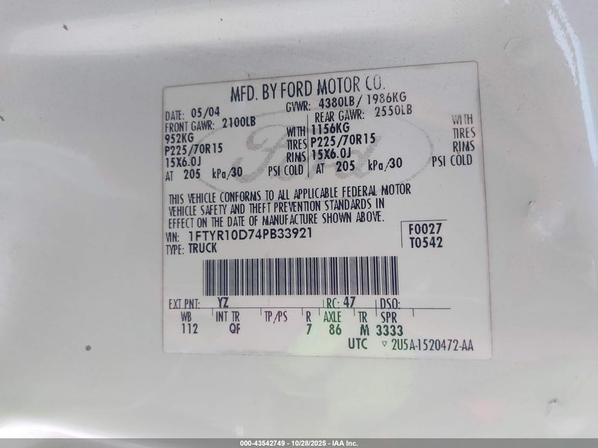 2004 Ford Ranger Xl/Xlt VIN: 1FTYR10D74PB33921 Lot: 43542749