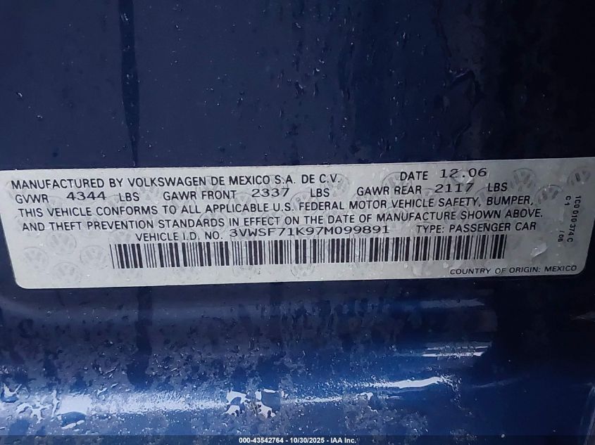 2007 Volkswagen Jetta 2.5 VIN: 3VWSF71K97M099891 Lot: 43542764