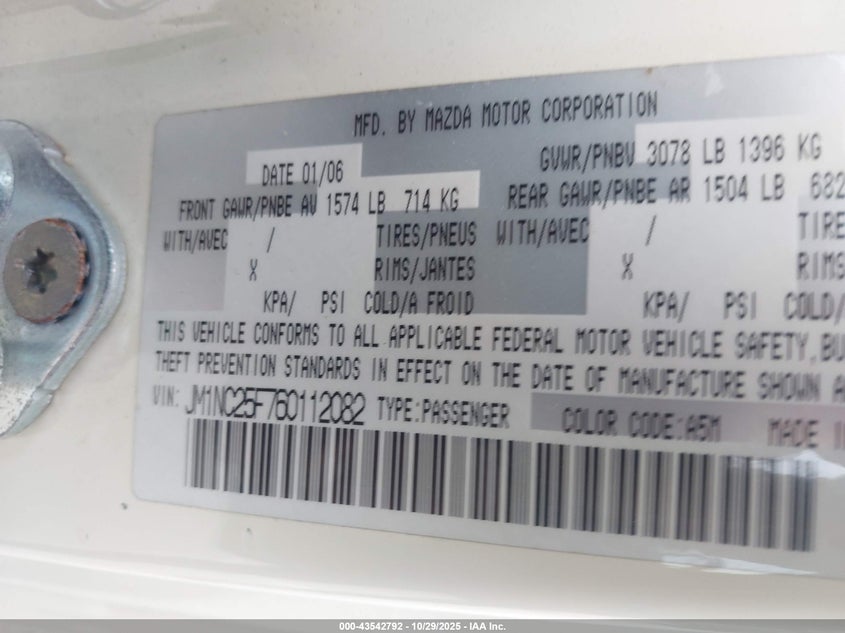 2006 Mazda Mx-5 Grand Touring VIN: JM1NC25F760112082 Lot: 43542792