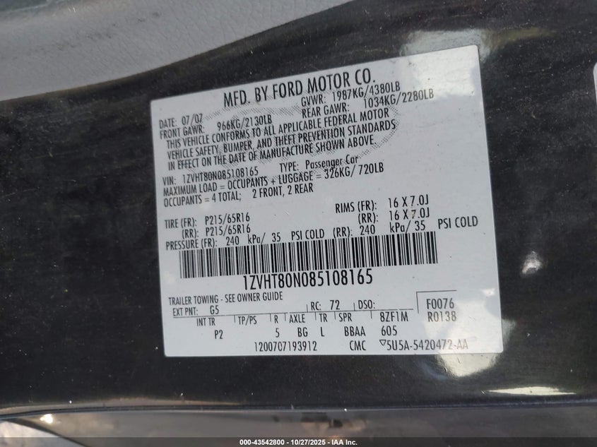 2008 Ford Mustang V6 Deluxe/V6 Premium VIN: 1ZVHT80N085108165 Lot: 43542800