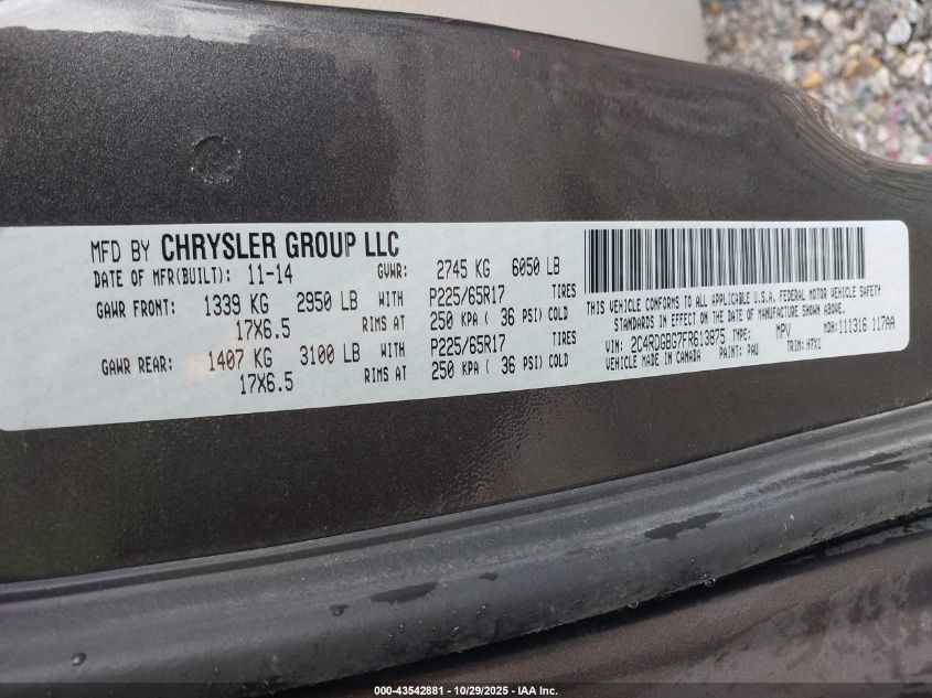 2015 Dodge Grand Caravan Se VIN: 2C4RDGBG7FR613875 Lot: 43542881