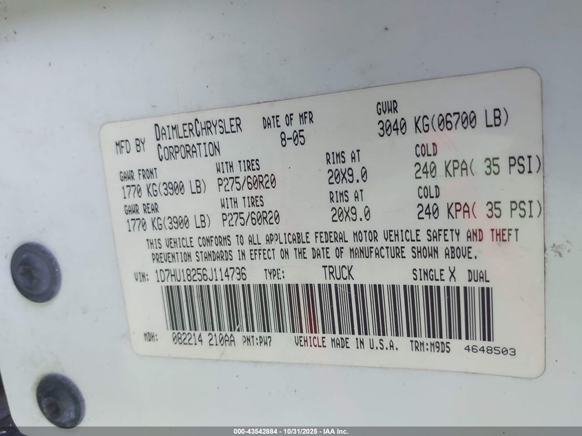 2006 Dodge Ram 1500 Slt/Trx4 Off Road/Sport VIN: 1D7HU18256J114796 Lot: 43542884