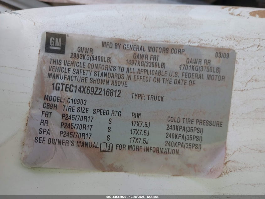 2009 GMC Sierra 1500 Work Truck VIN: 1GTEC14X69Z216812 Lot: 43542929