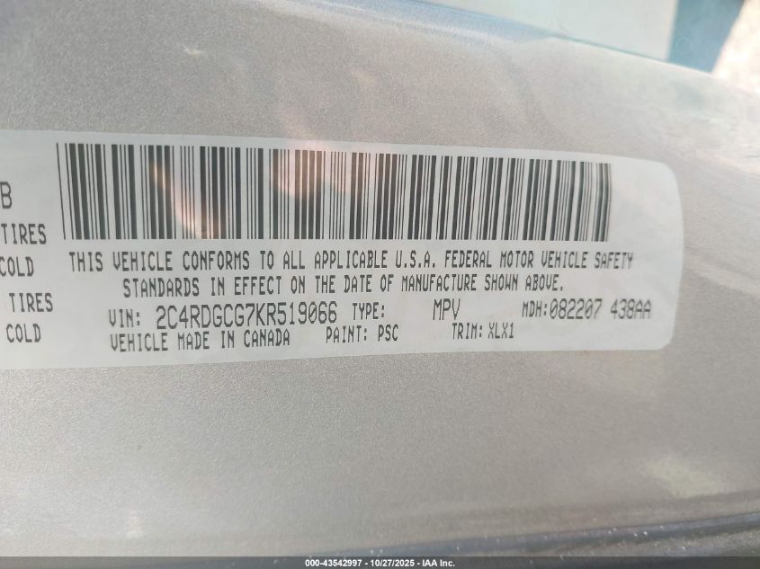 2019 Dodge Grand Caravan Sxt VIN: 2C4RDGCG7KR519066 Lot: 43542997