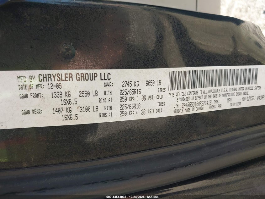 2A4RR5D10AR221418 2010 CHRYSLER TOWN & COUNTRY photo no. 9