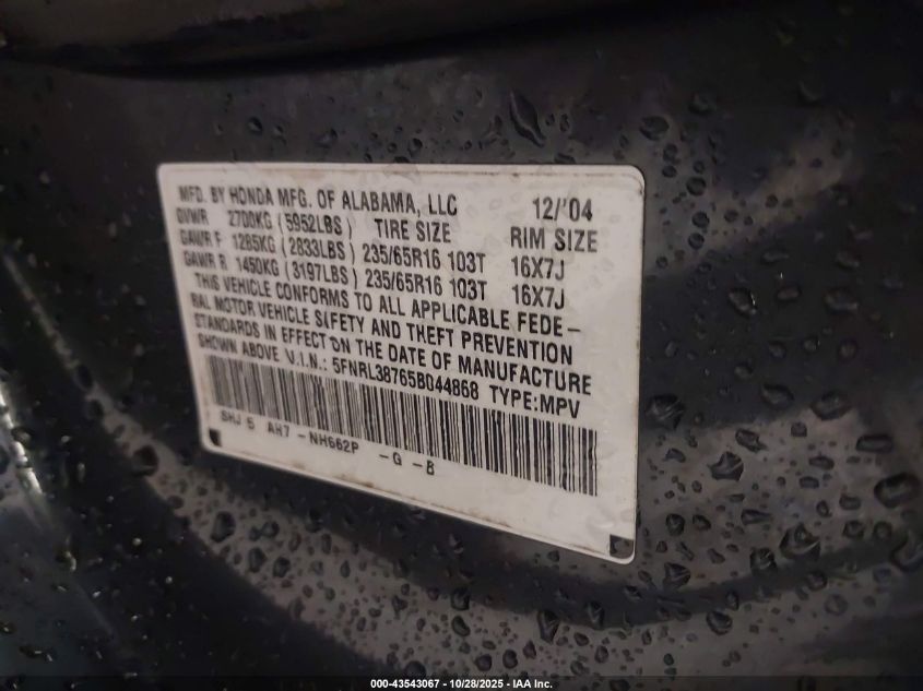 2005 Honda Odyssey Ex-L VIN: 5FNRL38765B044868 Lot: 43543067