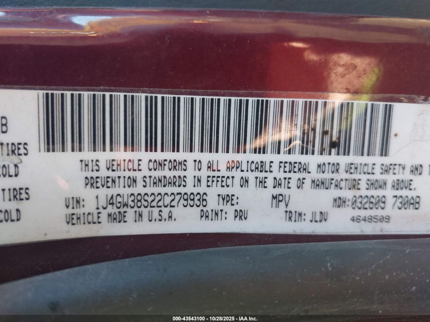 2002 Jeep Grand Cherokee Sport VIN: 1J4GW38S22C279936 Lot: 43543100