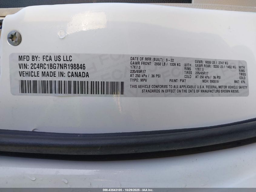 2022 Chrysler Pacifica Touring L VIN: 2C4RC1BG7NR198846 Lot: 43543105