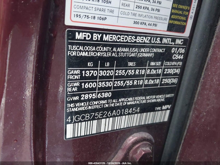 2006 Mercedes-Benz R 500 4Matic VIN: 4JGCB75E26A018454 Lot: 43543129