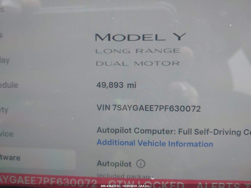 2023 Tesla Model Y Awd/Long Range Dual Motor All-Wheel Drive VIN: 7SAYGAEE7PF630072 Lot: 43543132