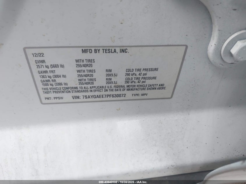 2023 Tesla Model Y Awd/Long Range Dual Motor All-Wheel Drive VIN: 7SAYGAEE7PF630072 Lot: 43543132