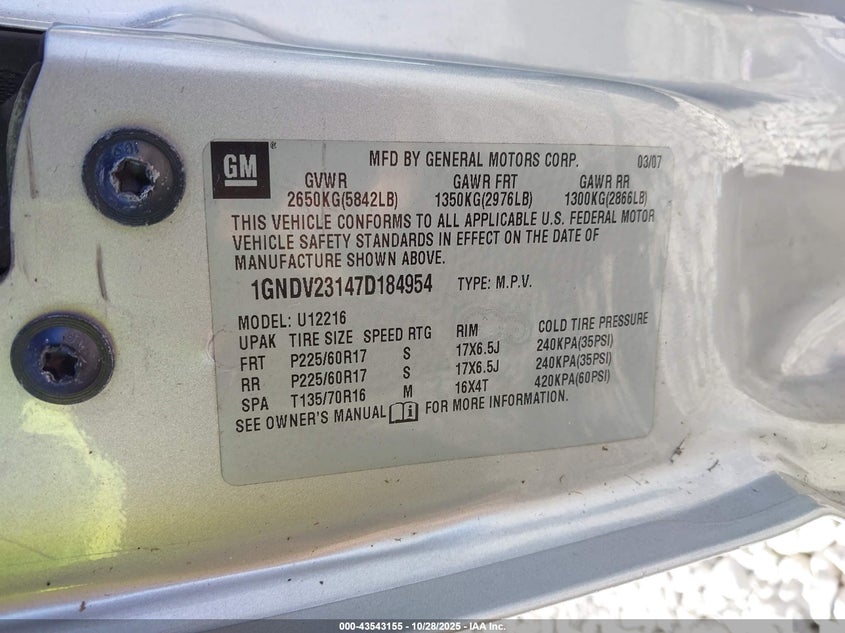 2007 Chevrolet Uplander Ls VIN: 1GNDV23147D184954 Lot: 43543155