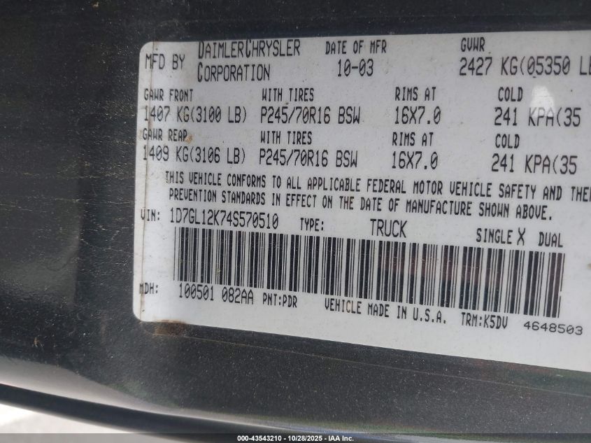 2004 Dodge Dakota VIN: 1D7GL12K74S570510 Lot: 43543210
