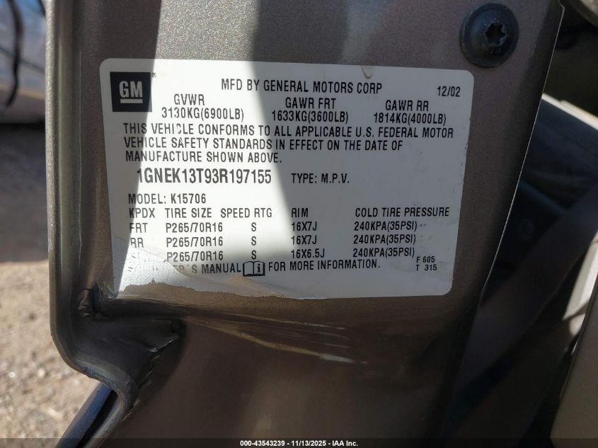 2003 Chevrolet Tahoe Ls VIN: 1GNEK13T93R197155 Lot: 43543239