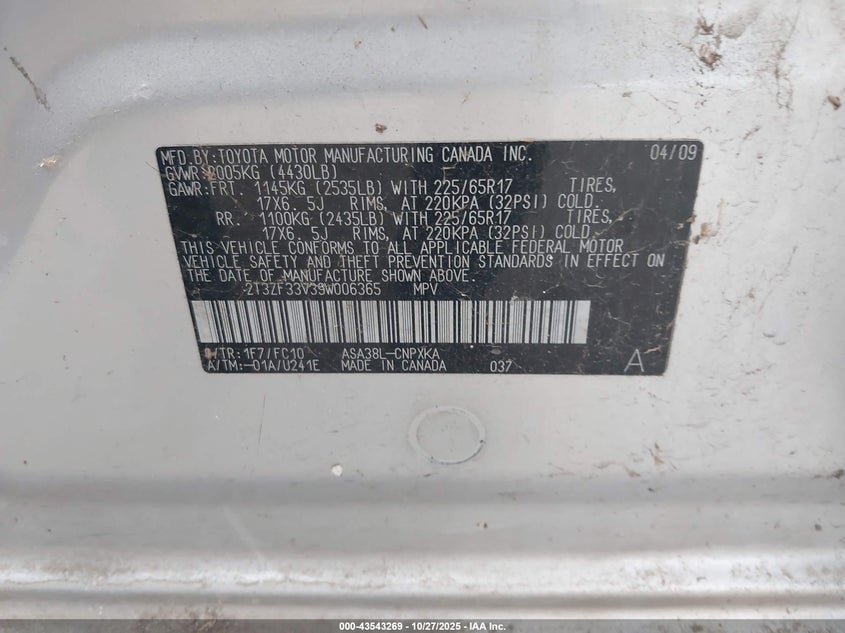 2009 Toyota Rav4 VIN: 2T3ZF33V39W006365 Lot: 43543269