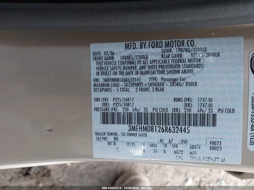 2006 Mercury Milan V6 Premier VIN: 3MEHM08126R632445 Lot: 43543274