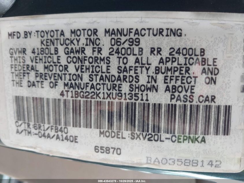 1999 Toyota Camry Le VIN: 4T1BG22K1XU913511 Lot: 43543278