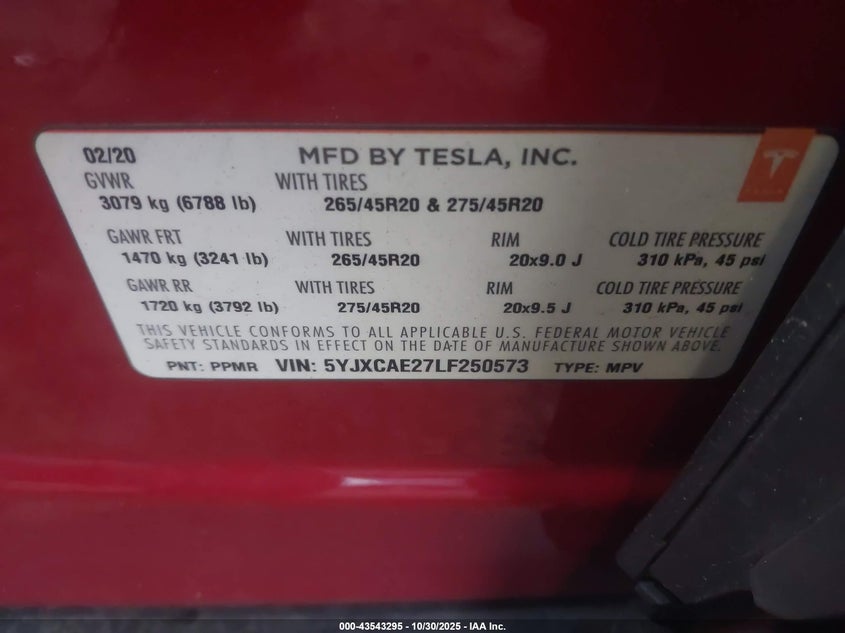 2020 Tesla Model X VIN: 5YJXCAE27LF250573 Lot: 43543295
