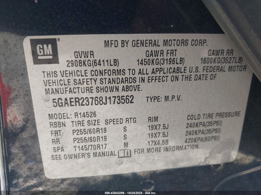 2008 Buick Enclave Cxl VIN: 5GAER23768J173562 Lot: 43543296