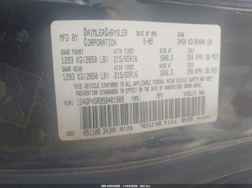 2005 Dodge Caravan Sxt VIN: 1D4GP45R95B401909 Lot: 43543298