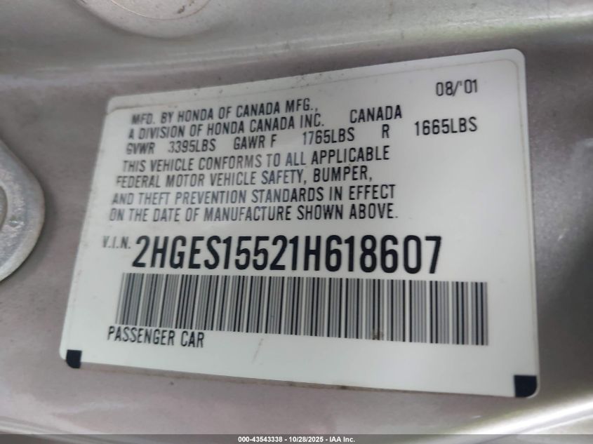 2001 Honda Civic Lx VIN: 2HGES15521H618607 Lot: 43543338