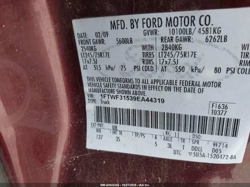 2009 Ford F-350 Xl/Xlt VIN: 1FTWF31539EA44319 Lot: 43543345