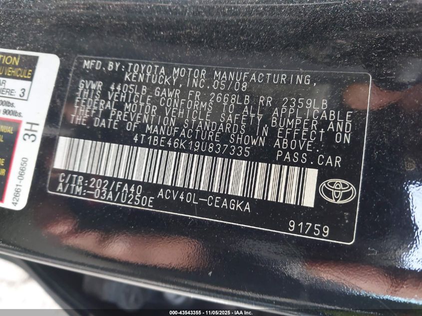 2009 Toyota Camry Xle VIN: 4T1BE46K19U837335 Lot: 43543355