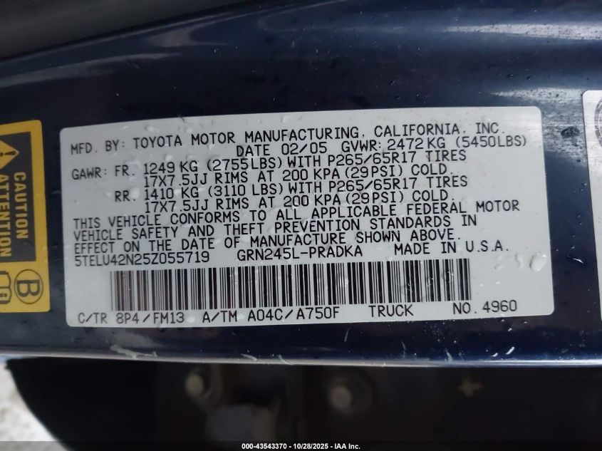 2005 Toyota Tacoma Base V6 VIN: 5TELU42N25Z055719 Lot: 43543370