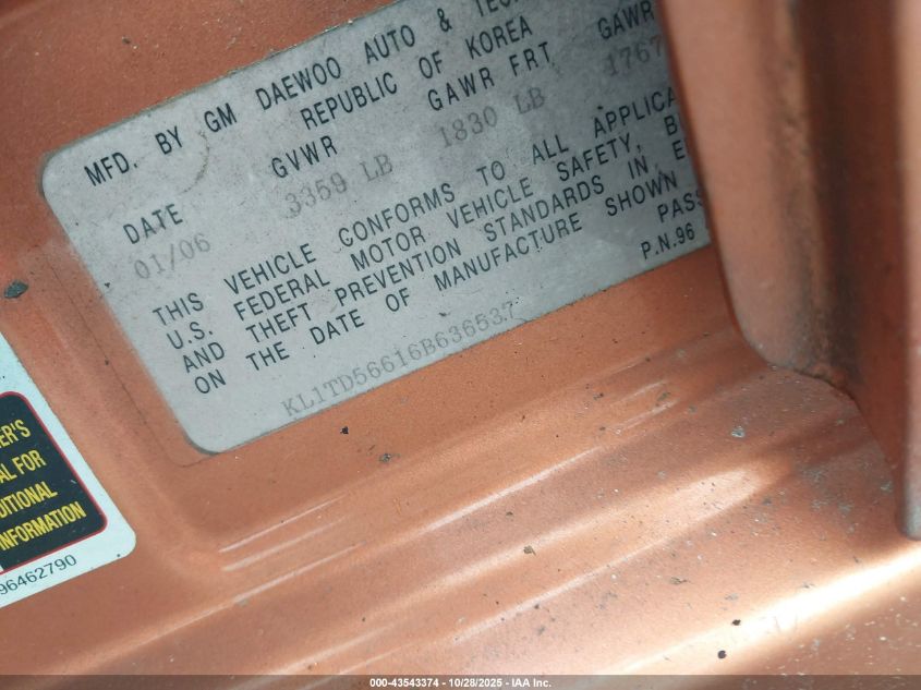 2006 Chevrolet Aveo Ls VIN: KL1TD56616B636537 Lot: 43543374