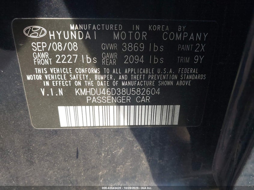 KMHDU46D38U582604 2008 HYUNDAI ELANTRA photo no. 9