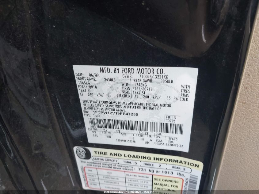 2009 Ford F-150 King Ranch/Lariat/Platinum/Xl/Xlt VIN: 1FTPW12V19FB47255 Lot: 43543432