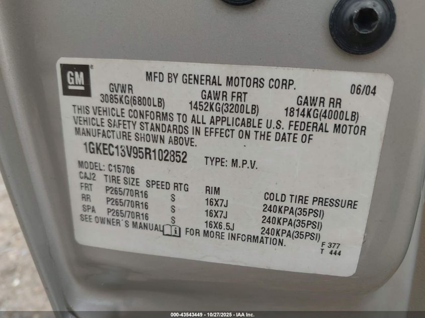 2005 GMC Yukon Slt VIN: 1GKEC13V95R102852 Lot: 43543449