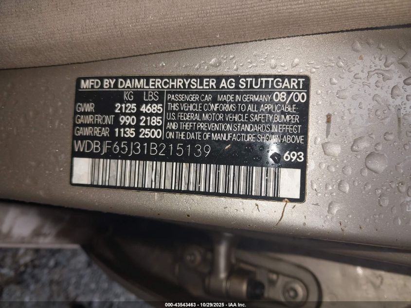 2001 Mercedes-Benz E 320 VIN: WDBJF65J31B215139 Lot: 43543463