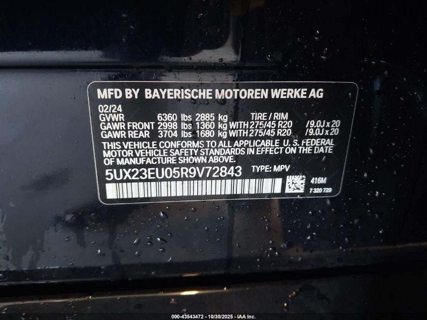 2024 BMW X5 xDrive40I VIN: 5UX23EU05R9V72843 Lot: 43543472