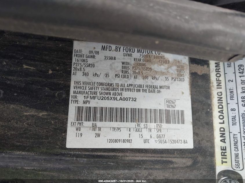 2009 Ford Expedition Limited VIN: 1FMFU205X9LA00732 Lot: 43543497