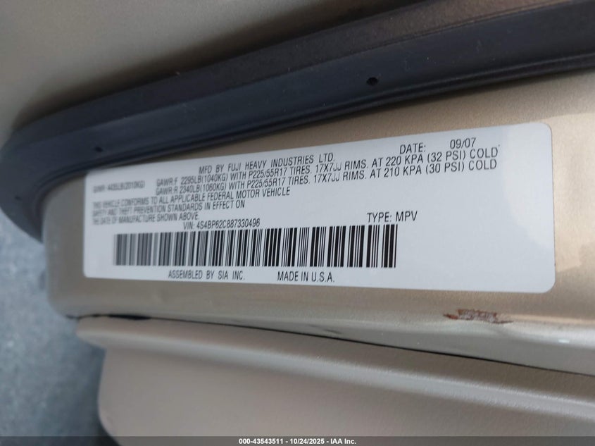 2008 Subaru Outback 2.5I Limited/2.5I Limited L.l. Bean Edition VIN: 4S4BP62C887330496 Lot: 43543511