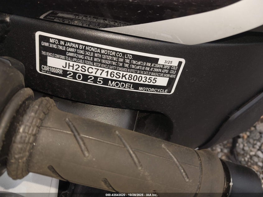 2025 Honda Cbr1000 Rr VIN: JH2SC7716SK800355 Lot: 43543520