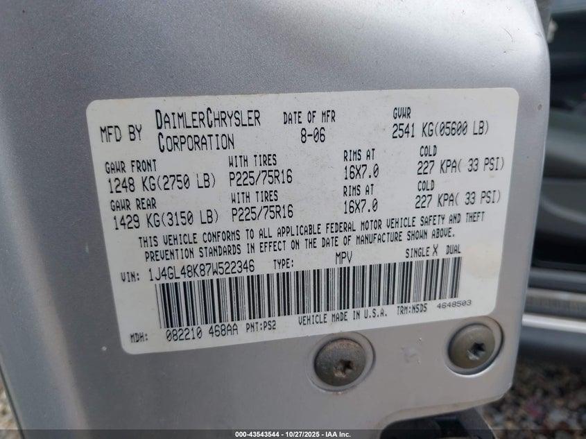 1J4GL48K87W522346 2007 JEEP LIBERTY (NORTH AMERICA) photo no. 9