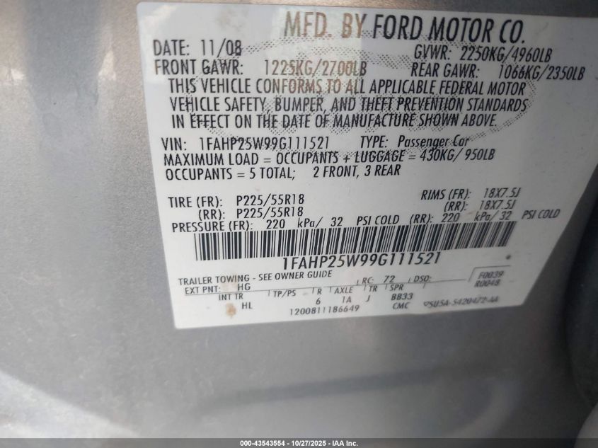 2009 Ford Taurus Limited VIN: 1FAHP25W99G111521 Lot: 43543554