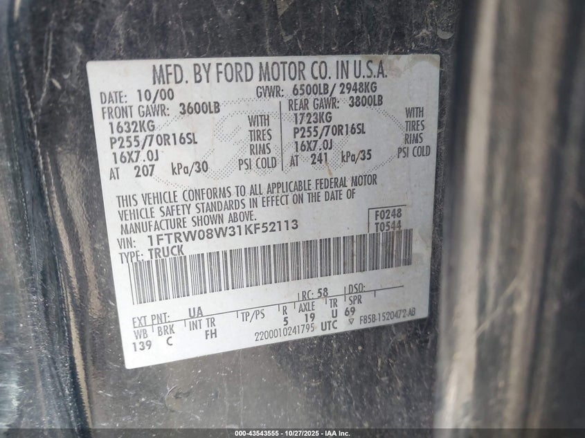 2001 Ford F-150 King Ranch Edition/Lariat/Xlt VIN: 1FTRW08W31KF52113 Lot: 43543555